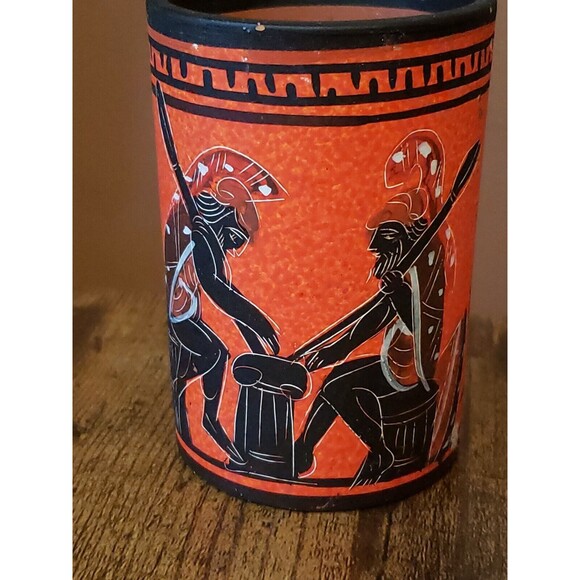 Greek Pottery Cup Vase Small Handmade Greece Warriors Painted - Picture 3 of 9